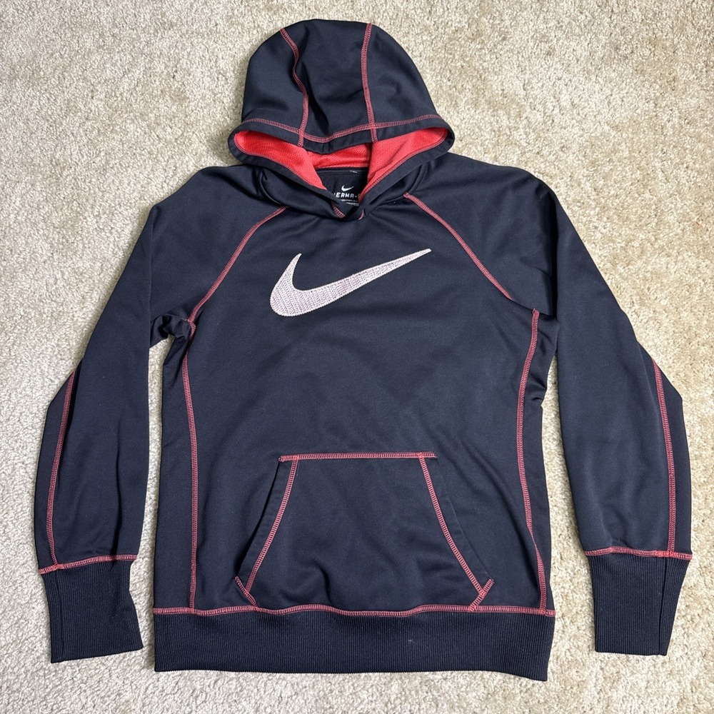 Nike Therma Fit Hoodie Black Red Trim Women's M Center Swoosh Logo Fleece Lined